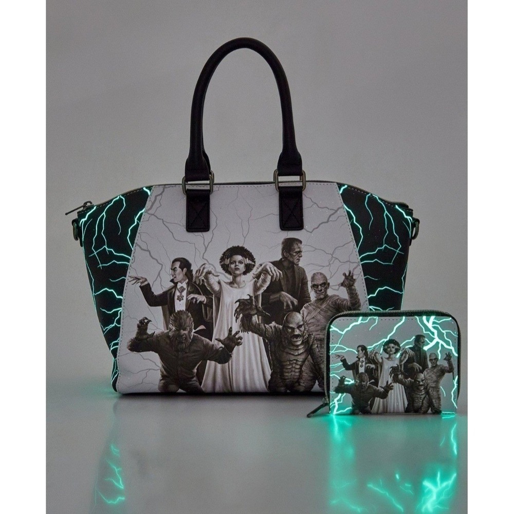 Loungefly UNIVERSAL Studios Classic MONSTERS GLOW Satchel Crossbody Bag & WALLET